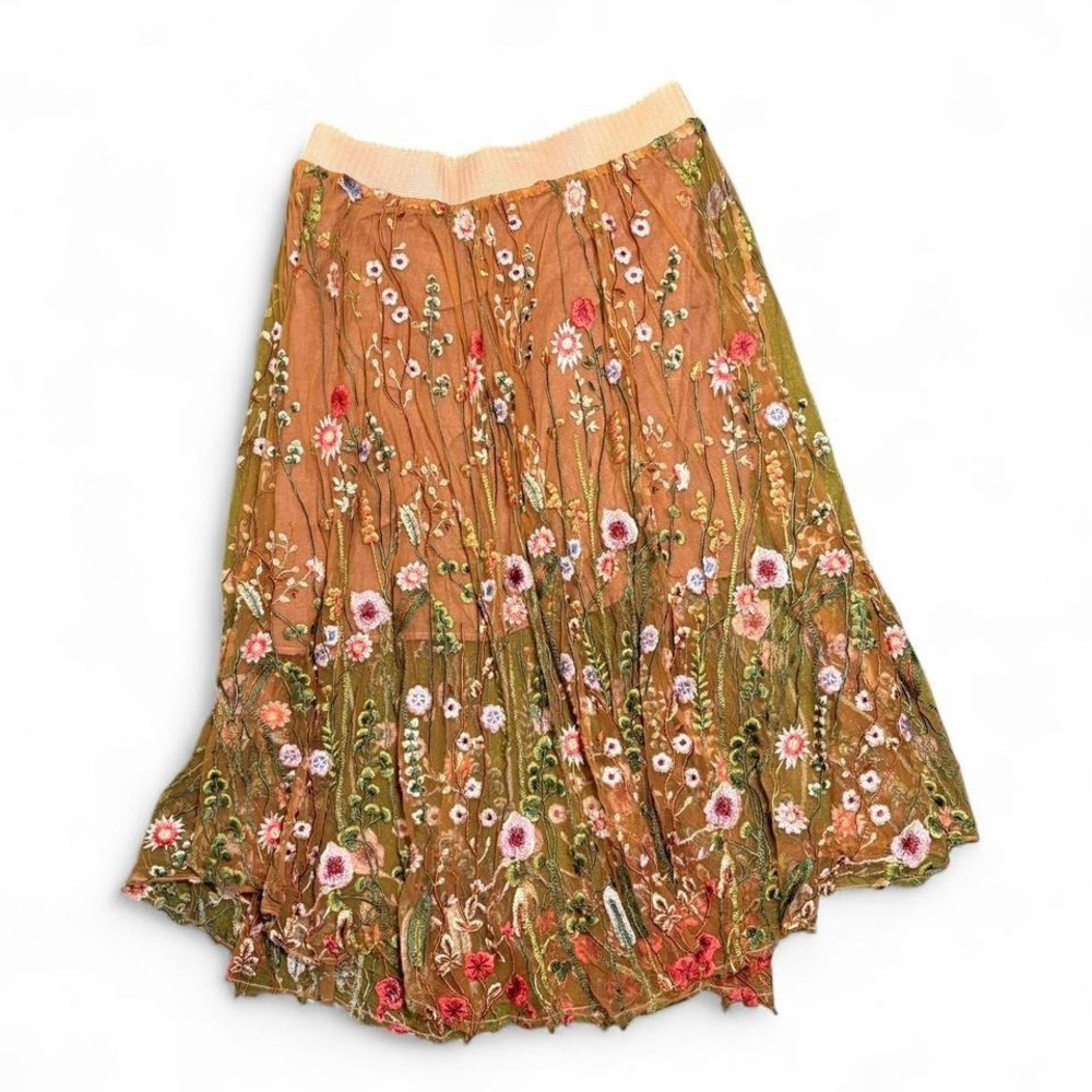 Aratta Silent Journey Women's Midi Mesh Sheer Floral Artsy Skirt Size LG Boho